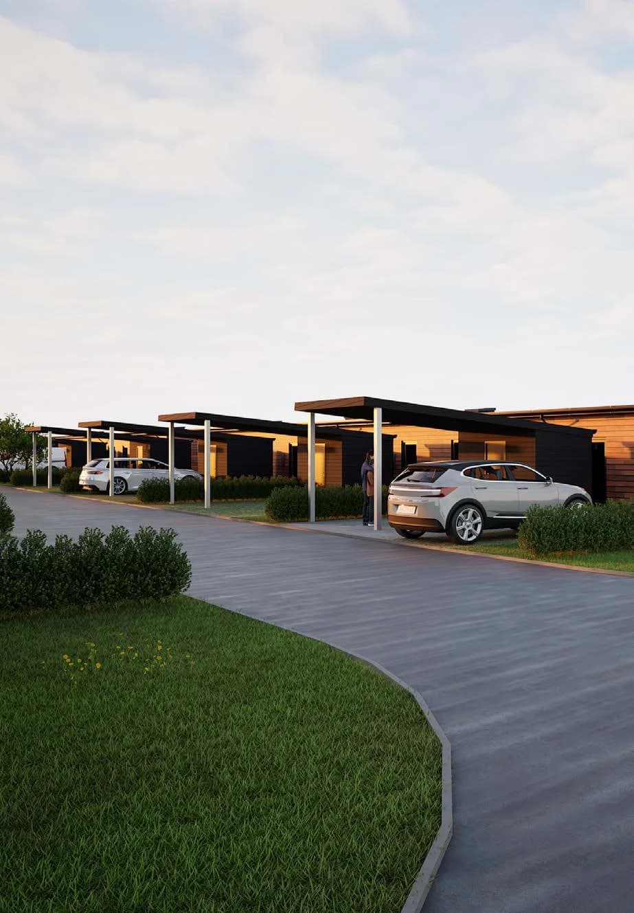 Visualisering af rækkehuse med carport på Remmerslund Skovvang