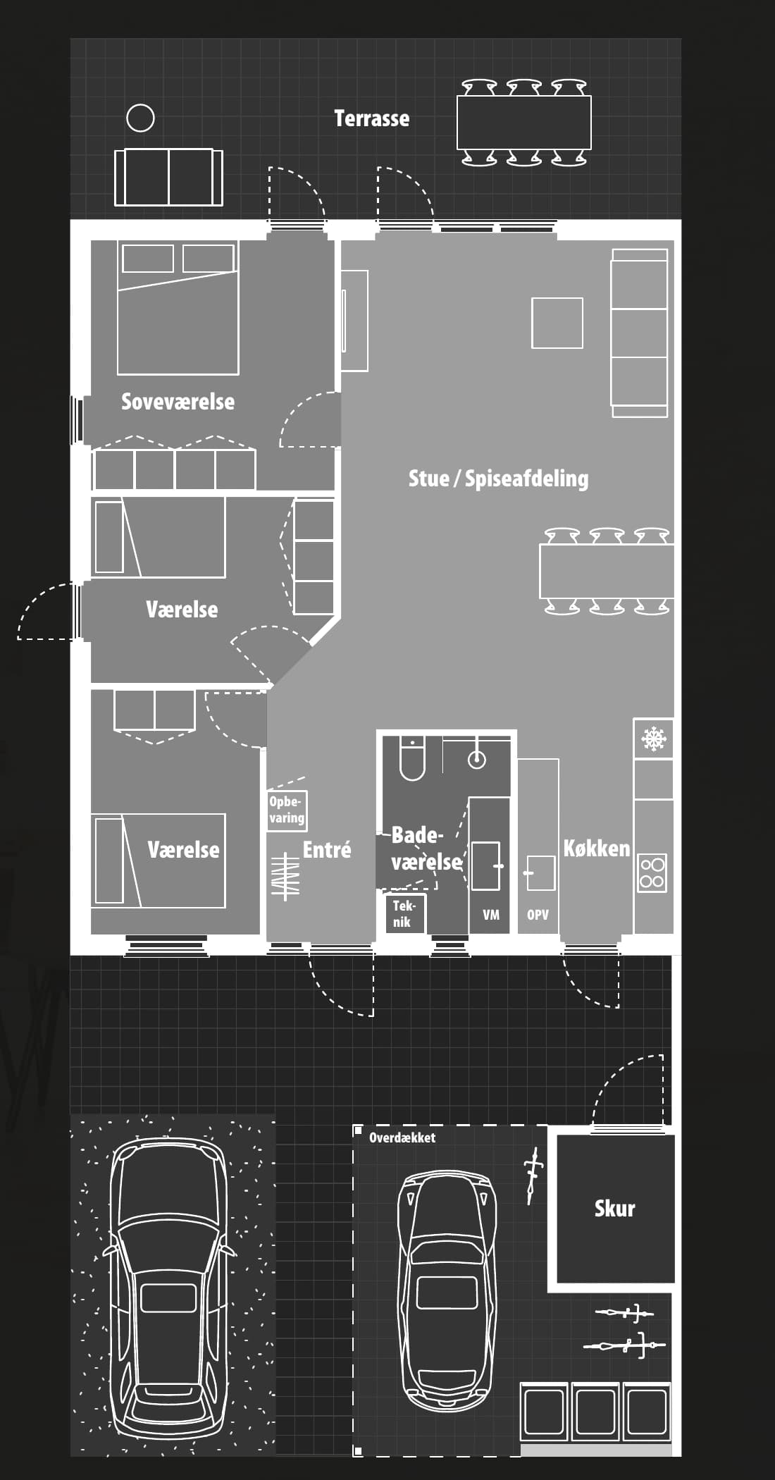 Type E1 – 100 m² med fire værelser. Vejledende plantegning.
