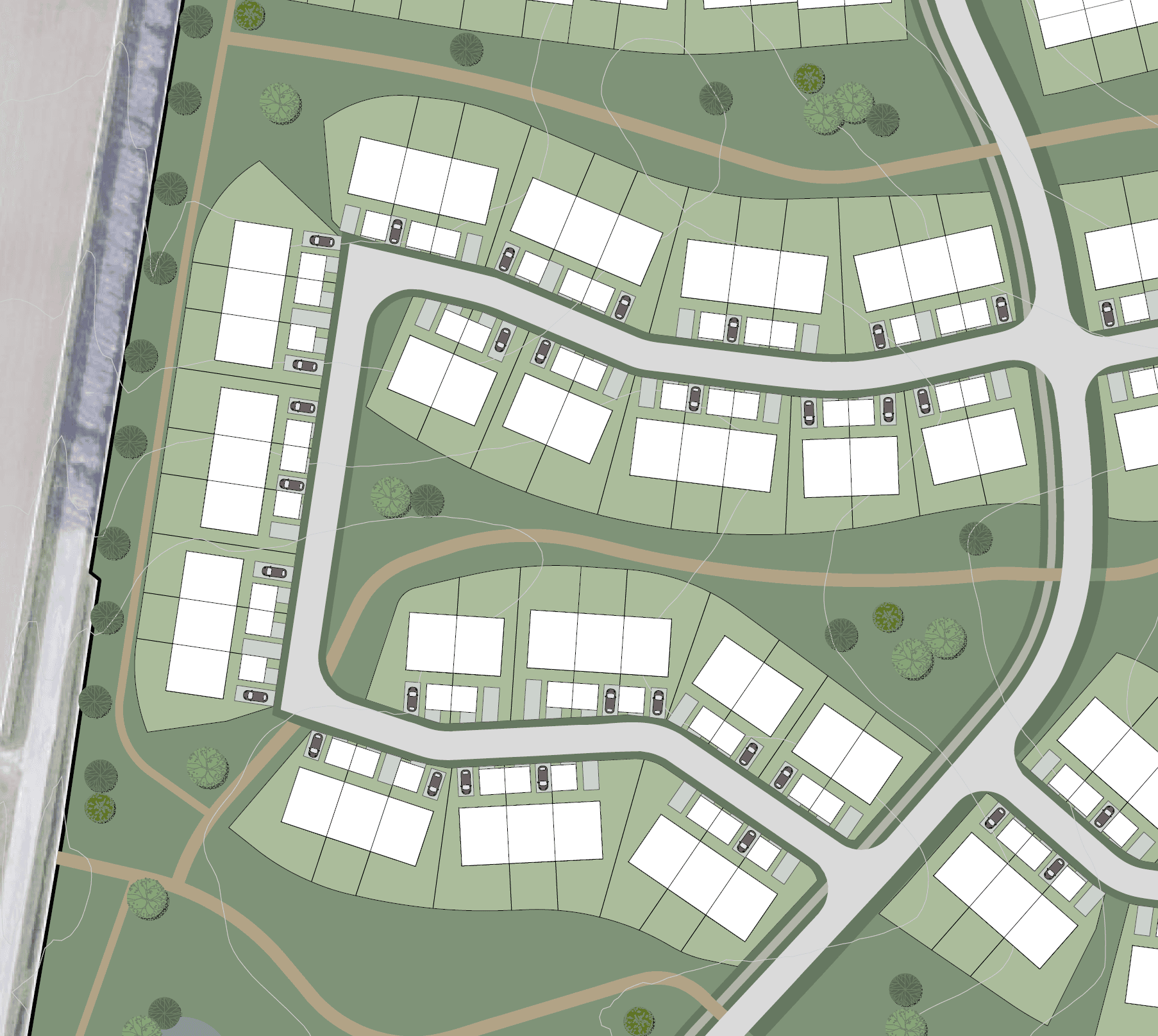 Situationsplan med boliger, haver, veje og fællesarealer